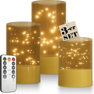 Image de UISEBRT Set de 3 bougies LED design filament, sans flamme, télécommande & minuterie, bougies à tige, décoration de table, décoration de salle de bain, salon, or