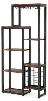 Image de Étagère à vin sur pied - Étagère de cuisine et à vin à 5 niveaux avec porte-verres et porte-bouteilles - Bois, style industriel, 30 x 80 x 175 cm - marron
