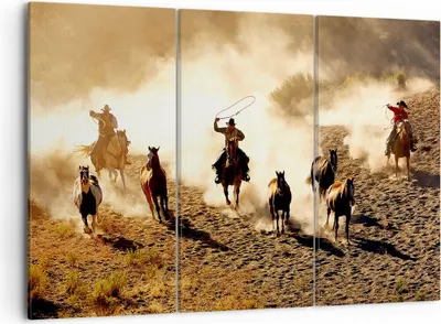 Produktbild von Bild auf Leinwand - Leinwandbild - Cowboys Pferde Galopp - 105x70cm - Wand Bild - Wanddeko - Leinwanddruck - Bilder - Kunstdruck - Wanddekoration - Leinwand bilder - Wandkunst - CE105x70-2693