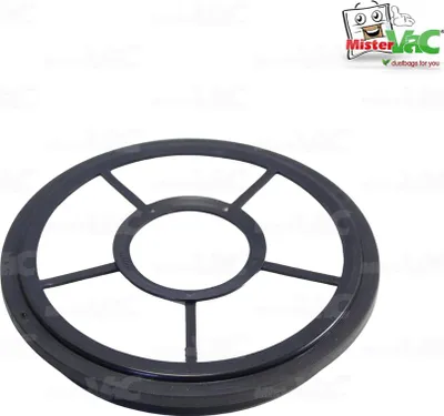 A black circular filter part for a vacuum cleaner is shown on a white background.