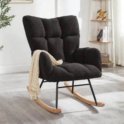 Image de Fauteuil berçant de 69 x 89 x 101 cm – Fauteuil relax polyvalent pour salon, chambre d'enfant et balcon, fauteuil élégant avec structure en bois et cadre en métal