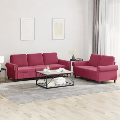 Produktbild von Design 2-tlg. Sofagarnitur mit Kissen Weinrot Samt, Schlafsofas 2024 Neu