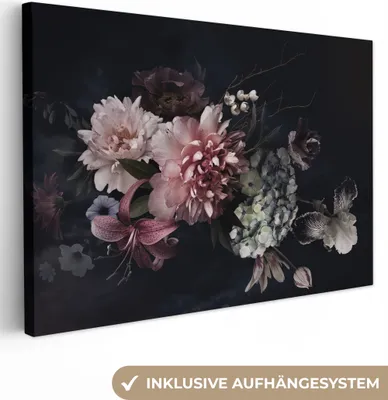 Produktbild von MuchoWow® - Leinwandbilder - Blumen - Vintage - Pastell - Rosa - Weiß, Wandbild, Wanddeko Bilder Wohnzimmer, 120x80 cm