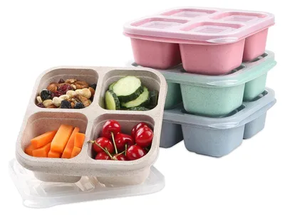Produktbild von 4er-Pack Snackbehälter, Bento-Snackbox mit 4 Fächern, wiederverwendbare Lunchbehälter für die Essenszubereitung, unterteilte Vorratsbehälter für Lebensmittel für Schule, Arbeit und Reisen