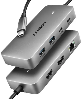 Produktbild von Axagon HMC-CUB83X2 USB 10Gbps hub, 2x USB-A, USB-C, HDMI & DP 4k/144Hz, RJ-45, PD 100W, Kabelgebunden, USB 3.2 Gen 2 (3.1 Gen 2) Type-C, 100 W, 1.4/2.3, 10,100,1000 Mbit/s, Grau