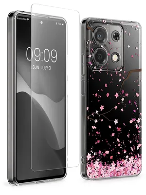 Produktbild von kwmobile Hülle kompatibel mit Xiaomi Redmi Note 13 5G Handyhülle - Silikon Case transparent - Mit Glas Schutzfolie - Kirschblütenblätter Rosa