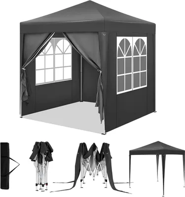 A collage showing a grey pop-up gazebo, its folded frame, and a bag for carrying it.
