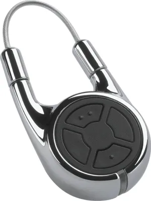 A chrome and black remote control keychain.