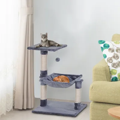 Produktbild von Kratzbaum 70 cm mit Hängematte, Kletterbaum für kleine Katzen, Sisalsäule, Plüsch, Grau | 50 x 36 x 70 cm | 3 kg | bis 10 kg