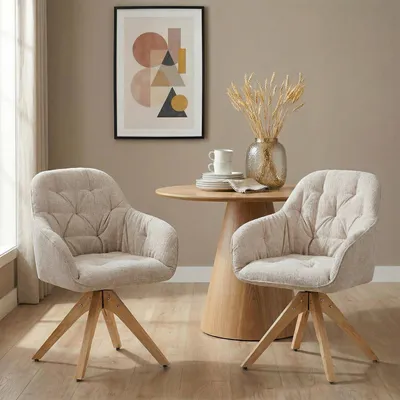 Produktbild von Esszimmerstühle SAGA 360° drehbar, Beige - Polsterstuhl mit Steppung, pflegeleichter Stoffbezug, stabiles Metallgestell in Holzoptik, für Esszimmer und Küche