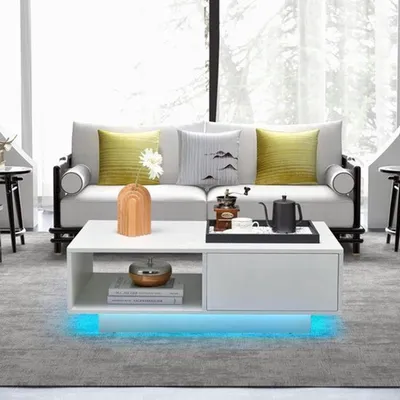 Zdjęcie produktu dla Stolik kawowy, wysoki połysk, biały - 110x70 cm - z oświetleniem LED i szufladą