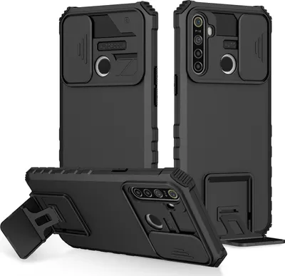 Immagine prodotto di Custodia per OPPO Realme 5 a doppio strato robusta, protezione militare con kickstand e protezione fotocamera scorrevole nero