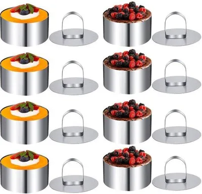 Produktbild von Ibenzoa® Profi-Servierringe 8er-Set aus rostfreiem Edelstahl Ø 8 cm x H 4 cm, mit Deckeln & Griff, silber – für Desserts & Vorspeisen