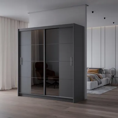 Produktbild von Krudox PRT 200 cm Graphit Schwebetürenschrank Mit Spiegel Breiten 200/250 cm Kleiderschrank Für Wohnzimmer Mit 2 Kleiderstangen