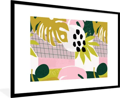 Produktbild von MuchoWow® MuchoWow® Gerahmtes Poster Tropische Pflanzen - Rosa - Gelb - Muster 90x60 cm - Poster mit zchwarzem Bilderrahmen - Wanddekoration - Fotos