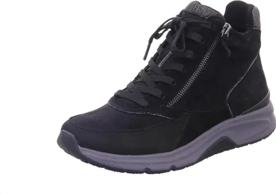 A black high-top sneaker boot with a gray sole, shown from a side-front angle against a white background.