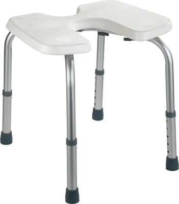 A white shower stool with adjustable height legs on a white background.