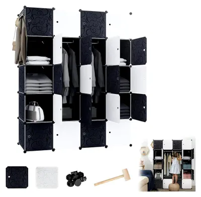 Produktbild von Kleiderschrank Mehrzweckschrank DIY Regalsystem mit Tür, Kunststoff Garderobenschrank für das Schlafzimmer, Steckregal Staubdicht mit 20 Würfeln und Kleiderstange