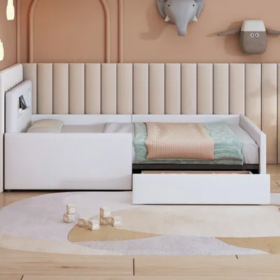 Produktbild von okwish Polsterbett Jugendbett 90×200 cm mit Lattenrost für Jungen und Mädchen, Funktionelles Einzelbett mit Nachtlicht, USB-Ladeanschluss und Ablagefächern, Kunstlederstoff, Weiß(Ohne Matratze)