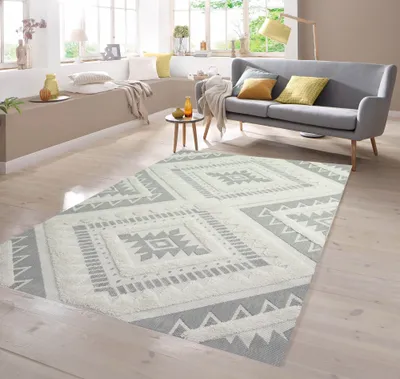 Produktbild von In- & Outdoor Teppich Sisal Optik Rautenmuster mit flauschigem Hoch Tief Effekt in grau Größe - 140 x 200 cm