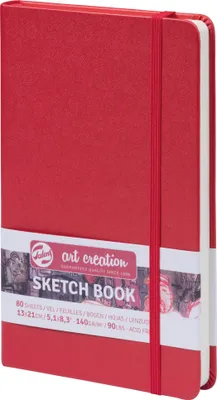 A red sketchbook with a white band around it, showing product details.