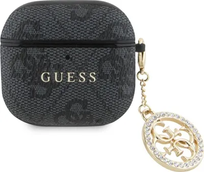 A black GUESS branded AirPods case with a gold charm attached.