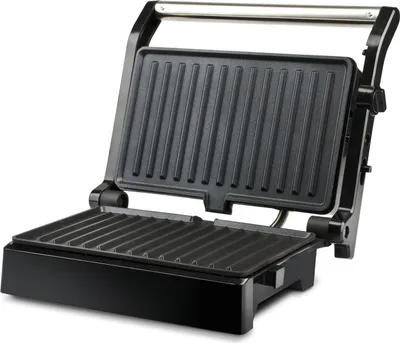 An open black electric contact grill with silver handle against a white background.