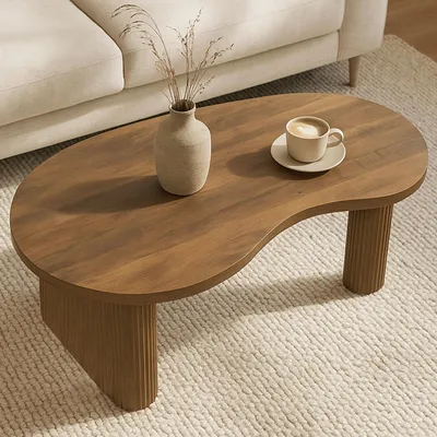 Produktbild von Couchtisch HWC-O29, Beistelltisch Sofatisch, organische Form Melamin Holz, 45x110x60cm  Holzoptik braun