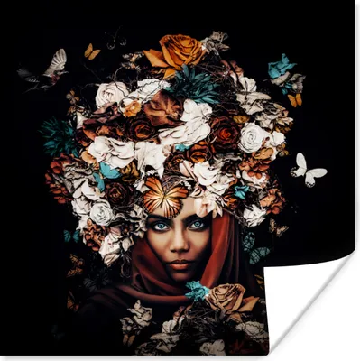 Produktbild von MuchoWow® Poster Blumen - Schmetterling - Frauen - Kopftuch 75x75 cm - Wand Dekoration