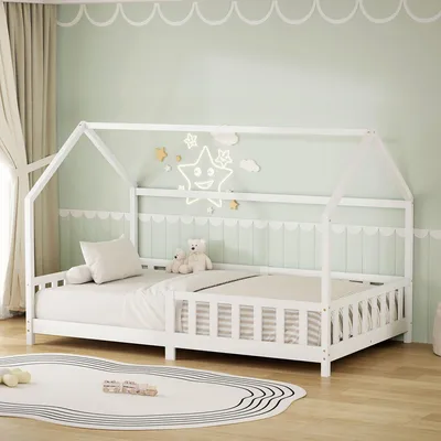 Produktbild von ML-Design Kinderbett 120x200cm mit Rausfallschutz, Dach & Lattenrost Weiß Montessori Bodenbett aus massivem Kiefernholz Hausbett für Mädchen & Jungen