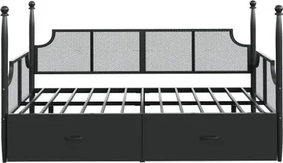 Produktbild von Metallbettsofa 90x200 cm Ohne Matratze Schwarz Armlehnen Ablagefaechern Eisenbettsofa Netzrueckenlehne Vintage-Stil Hohe Saeulenstuetze Einzelbett Couchbett