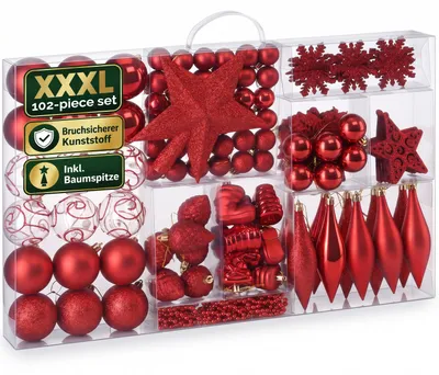 Produktbild von DEUBA® Weihnachtskugeln Set 102-teilig Rot Ø 3–6 cm aus Kunststoff, KI-generiertes Bild