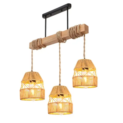 A three-light pendant lamp with a wooden beam and rattan shades, isolated on a white background.