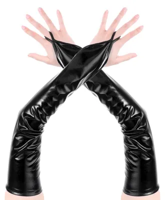Produktbild von Fingerlose Handschuhe Damen Ellenbogenlänge Lederoptik Silber Schwarz Party Halloween Cosplay