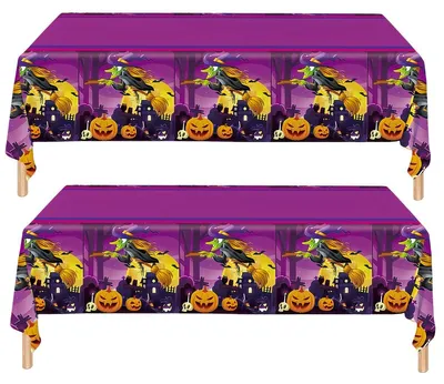 Productafbeelding van Halloween tafelkleed - PE - 137 x 274 cm - Pompoen en heks - Paars