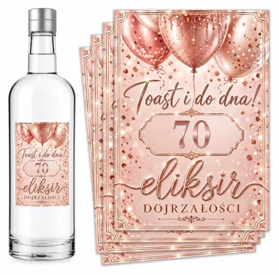 Produktbild von Flaschenetiketten – zum 70. Geburtstag – „Eliksir Dojrzałości” – Rosa – 8 Stück