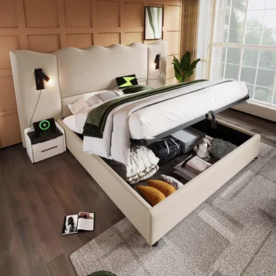Produktbild von Polsterbett Doppelbett 180×200 cm mit Leselampe und USB Type-C Ladefunktion, Stauraumbett Bettgestell mit Lattenrost aus Massivholz, Beige, Leinen