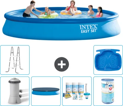 Produktbild von Intex runder aufblasbarer Easy Set-Schwimmpool – 457 x 84 cm – Blau – inklusive Pumpe Abdeckung - Wartungspaket - Filter - Leiter - Fußbad