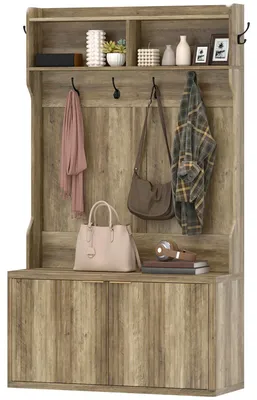 Produktbild von 4-in-1 Garderobenst?nder und Schuhaufbewahrung, moderner Garderobenst?nder mit offenem Regal fš¹r Flur, Eingangsbereich und Schlafzimmer, 100 x 38 x 172 cm, Eiche