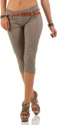 Produktbild von 188 Mississhop Damen Capri Chino Hose Sommerhose Stoffhose Chinohose 3/4 mit Gummibund und inkl Gürtel Khaki S