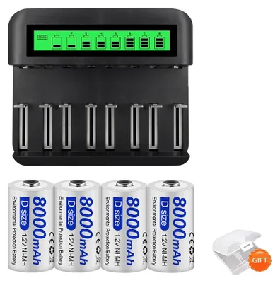 Produktbild von D-Größe wiederaufladbare Batterie, 8000mAh Kapazität, LCD-Ladegerät enthalten, 4 Batterien und Ladegerät