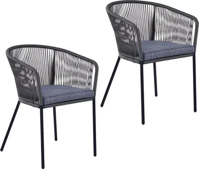 Two outdoor chairs with gray rope backs and blue cushions on a white background.