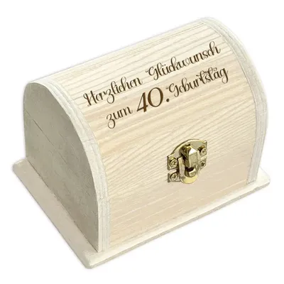 Produktbild von Geldgeschenk Schatzkiste zum 40. Geburtstag aus Holz mit Gravur & Runddeckel, Metallscharniere und echtem Metallverschluss, Größe 10,5 x 6,5cm, Geschenkidee - ideal für alle Geldscheine bis 100 Euro