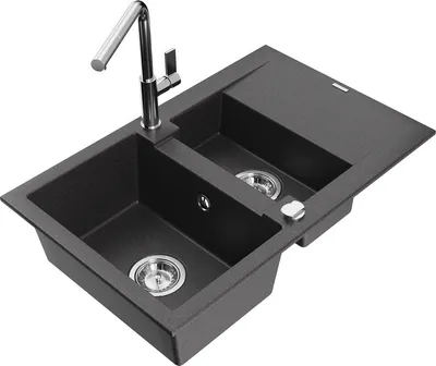 Produktbild von Mexen Gaspar 1,5-Becken-Granitspüle mit Abtropffläche und Mischbatterie Flora, Schwarz gesprenkelt - 6507-76-670401-00