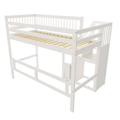 Produktbild von okwish Hochbett 90x200cm mit Rausfallschutz, Etagenbett Stockbett mit Aufbewahrungsschrank, Massivholzbett Kinderbett Bettgestell mit Lattenrost, Weiß