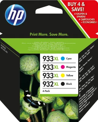 The image shows the packaging of HP ink cartridges, featuring the HP logo, product details, and a floral image.