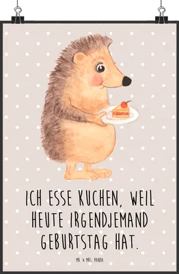 Produktbild von Mr. & Mrs. Panda Bild Igel Kuchenstück DIN A2 - Beige Pastell - Geschenk, Kunstdruck, Kuchen, Torte, Backen, Wandbild, Geburtstagskuchen, Essen Spruch, drucke, wanddeko