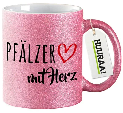 Produktbild von Huuraa Glitzertasse Pfälzer mit Herz 330ml Pink Keramik Kaffeebecher Geschenkidee