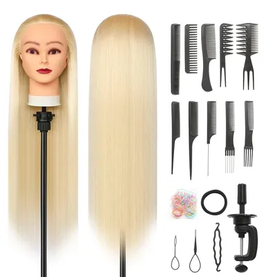 Produktbild von Übungskopf Friseur Trainingskopf Puppenkopf - 26-28 cm - Synthetikhaar - Blond - Mit Tischklemme und Flechtset