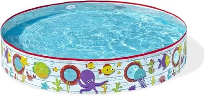 A round inflatable pool filled with water, decorated with an underwater theme.